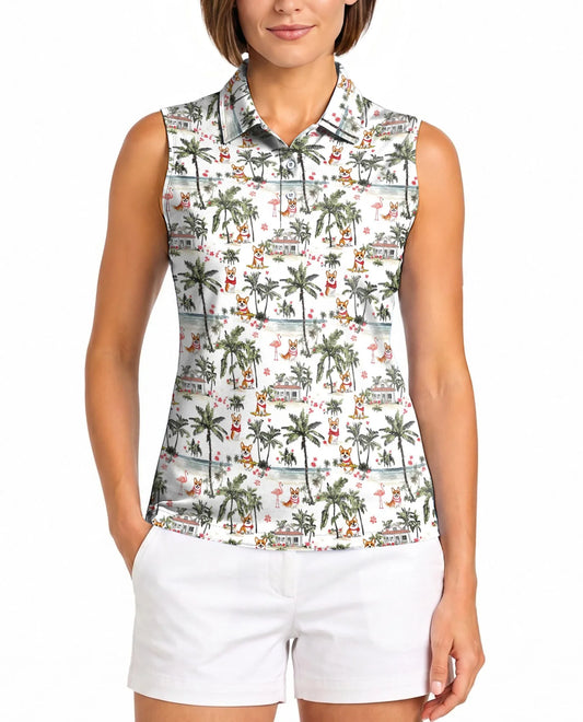 Corgi Palm Tree Pattern Sleeveless Polo Shirt for Women, Tropical Dog Style | Azhawaiian
