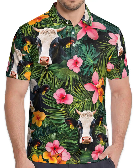 Holstein Cow Tropical Polo Shirt - Hawaiian Farm Animal Floral Design | Azhawaiian