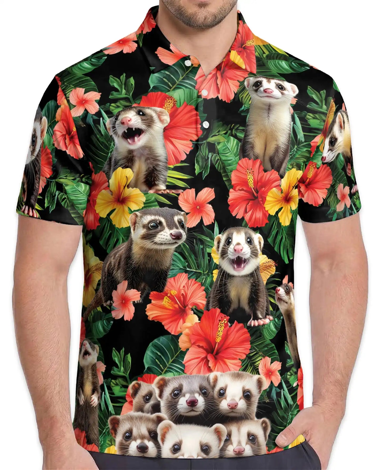 Funny Ferret Tropical Polo Shirt - Exotic Pet Hawaiian Style | Azhawaiian