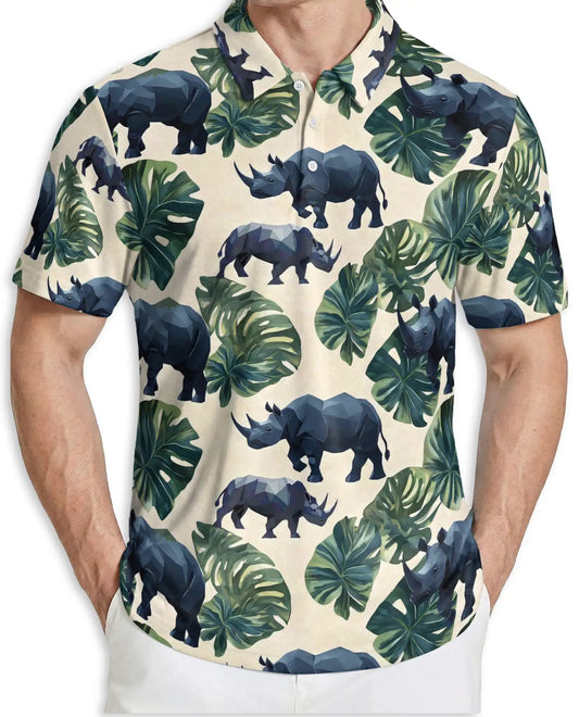 Geometric Rhino Tropical Polo Shirt-Safari Wildlife Jungle Pattern | Azhawaiian