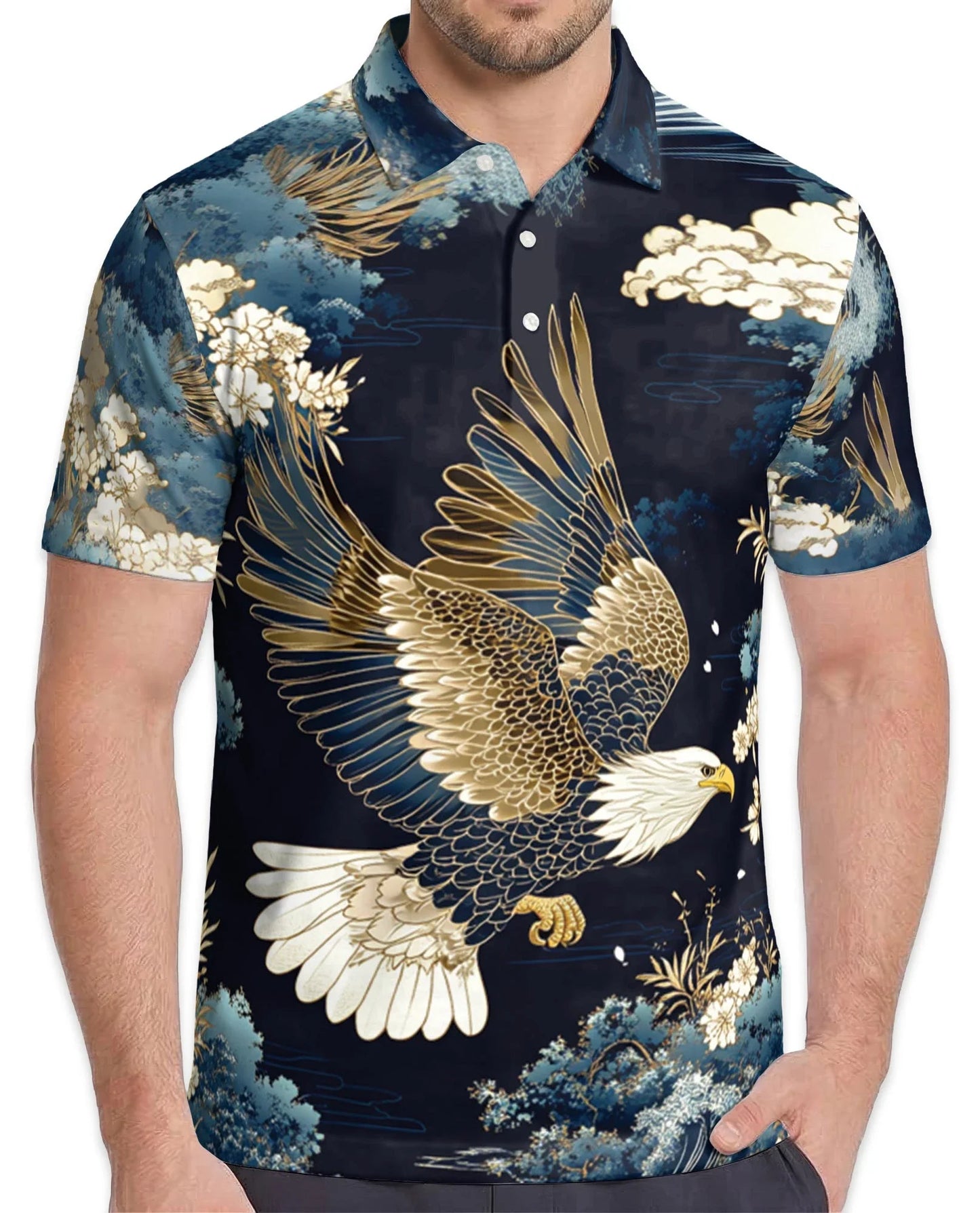 Japanese Eagle Polo Shirt for Men, Traditional Bird Art Style | Azhawaiian