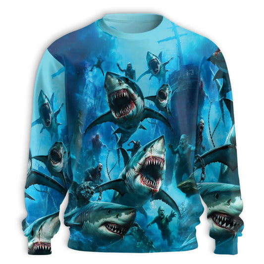 Sharks and Zombies War Sweatshirt – Colorful Graphic 3D All Over Print Design
