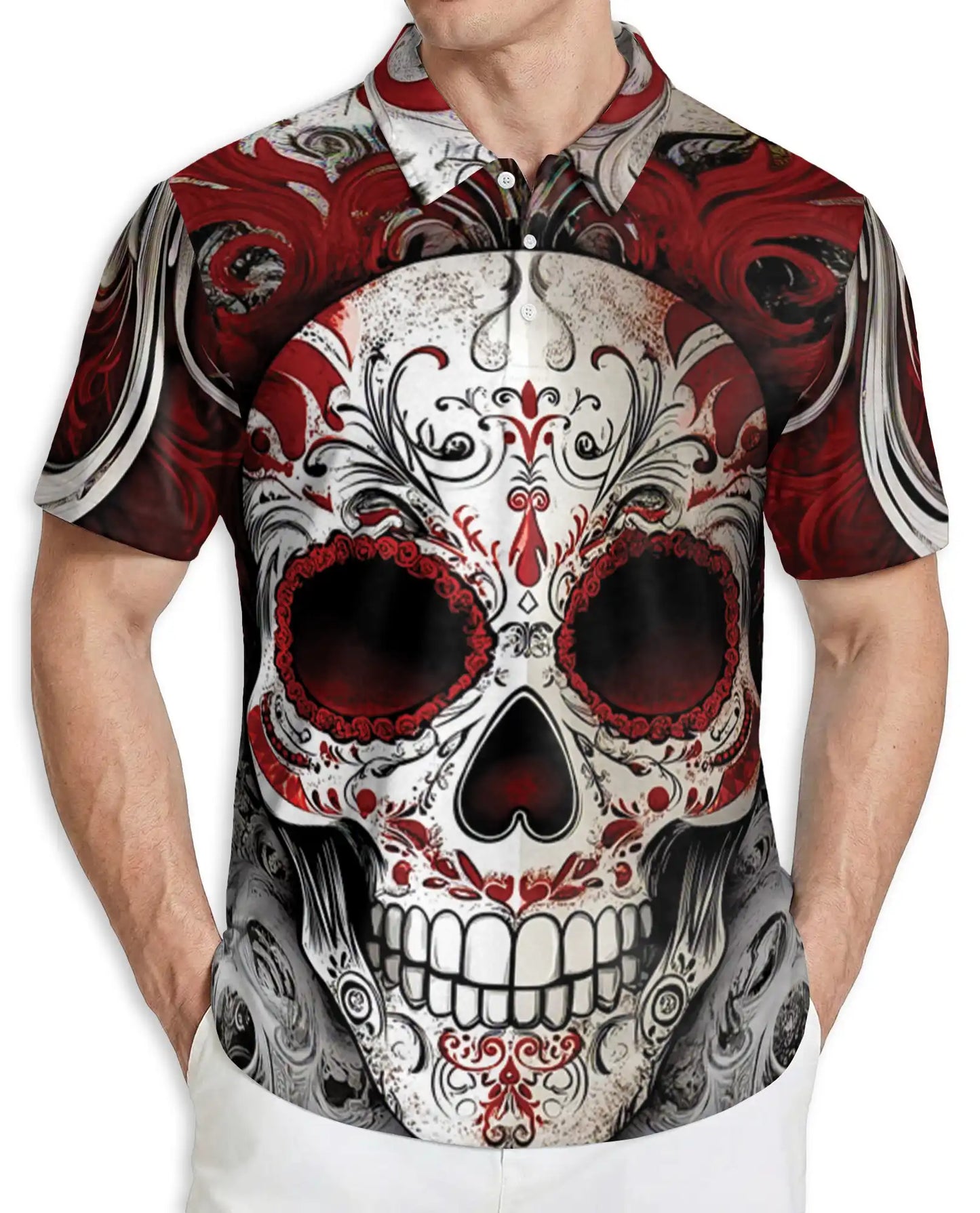 Sugar Skull Polo Shirt, Red Gothic Style | Azhawaiian