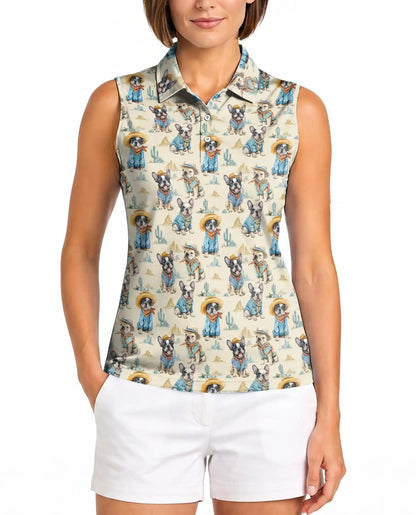 Cowboy French Bulldogs Sleeveless Polo Shirt for Women | Azhawaiian