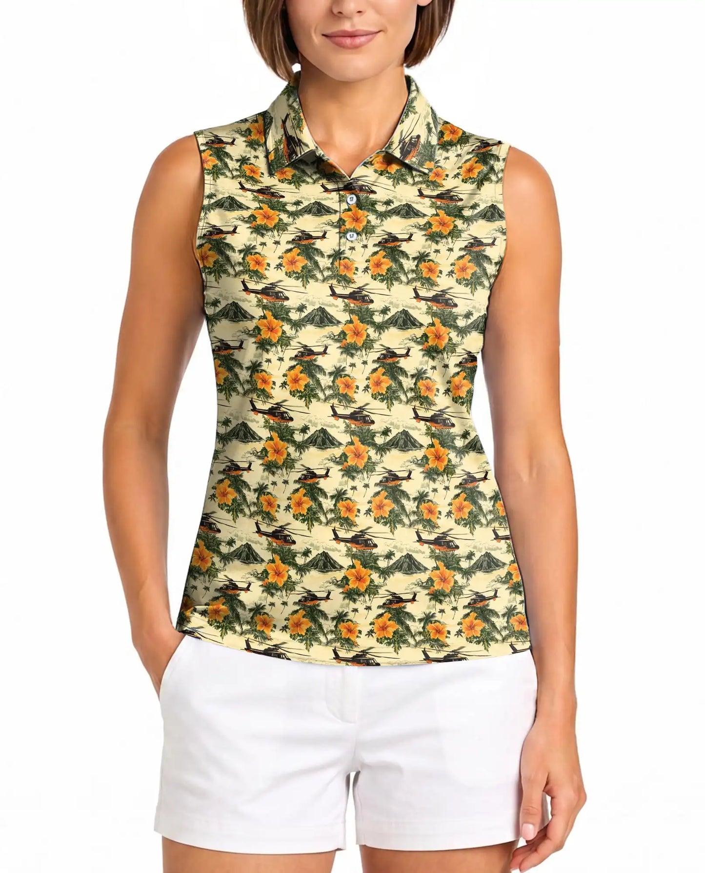 Helicopter And Hibiscus Sleeveless Polo Shirt for Women, Aviation Tropical Style | Azhawaiian