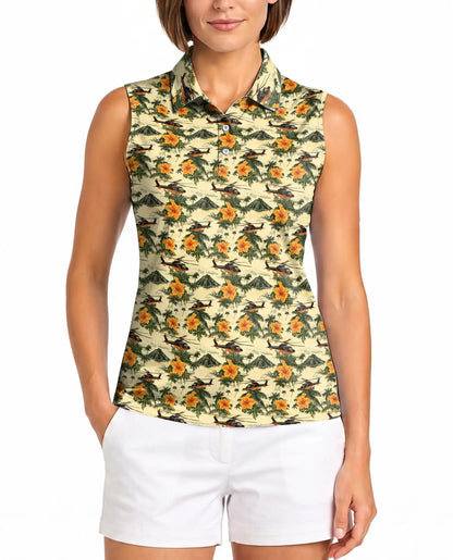 Helicopter And Hibiscus Sleeveless Polo Shirt for Women, Aviation Tropical Style | Azhawaiian