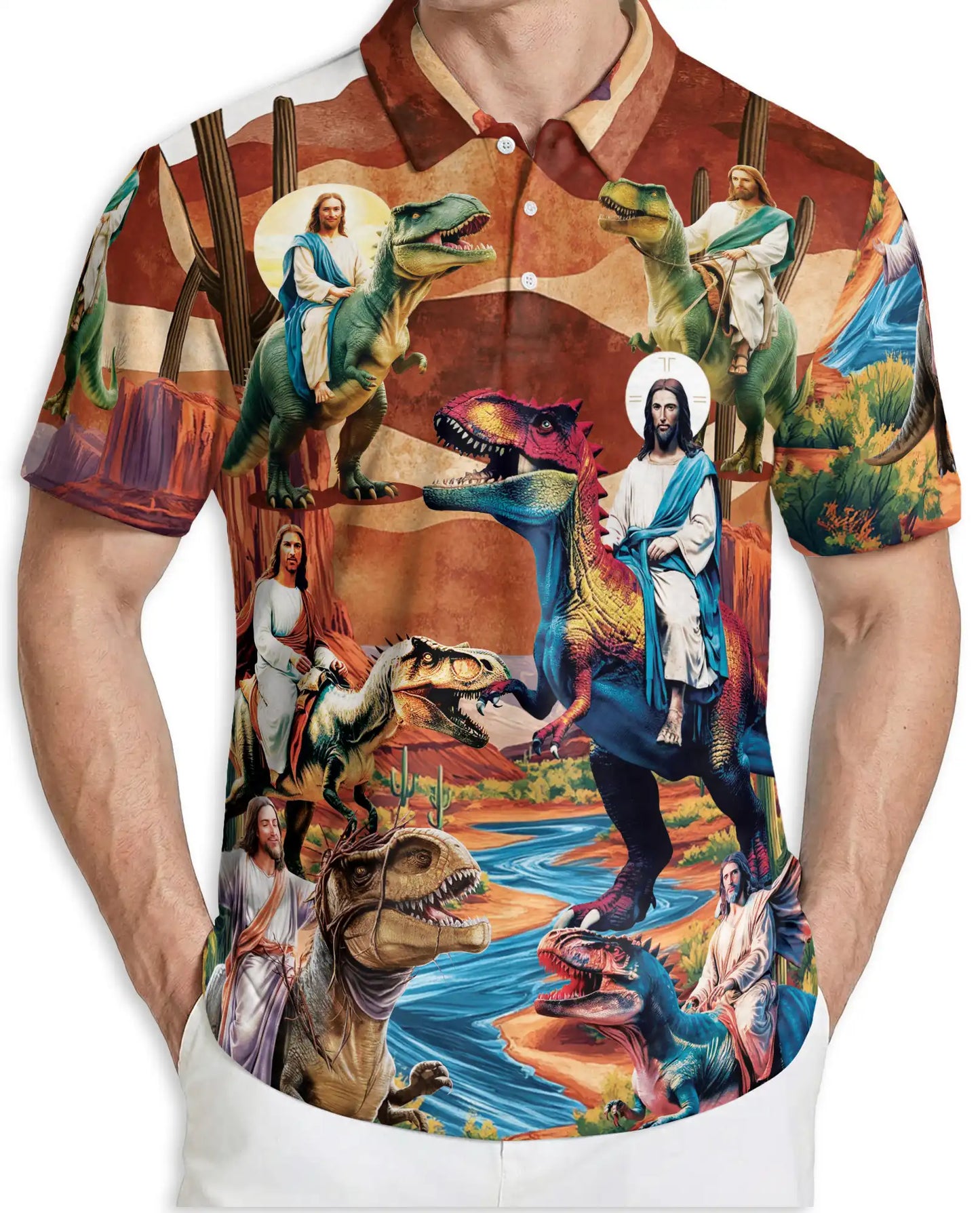 Jesus Dinosaur Polo Shirt, Fantasy Desert Print | Azhawaiian