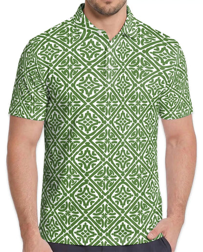 Green Geometric 3D Polo Shirt for Men, Summer Casual | Azhawaiian