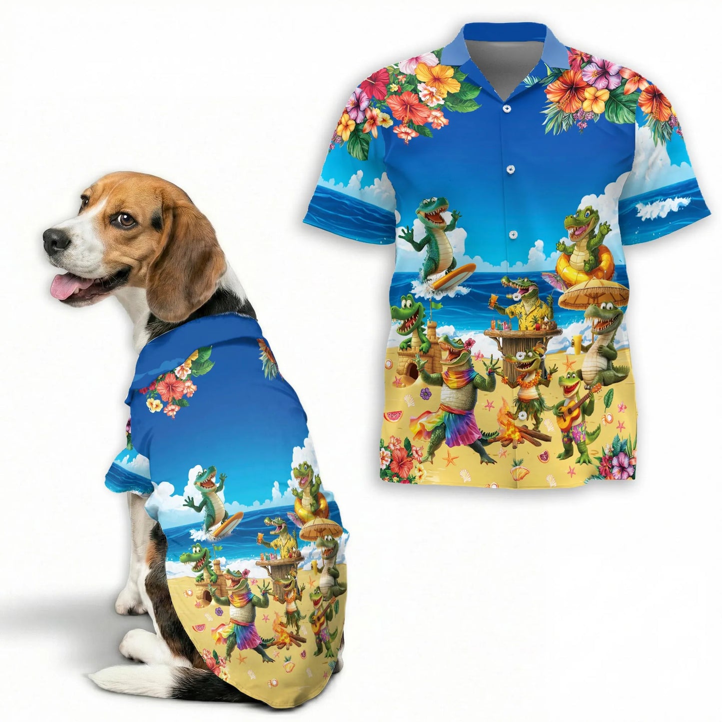 Crocodile Alligator Beach Party Matching Dog Owner Hawaiian Shirts, Funny Pet Aloha Shirt for Beach Vacation - Azhawaiian