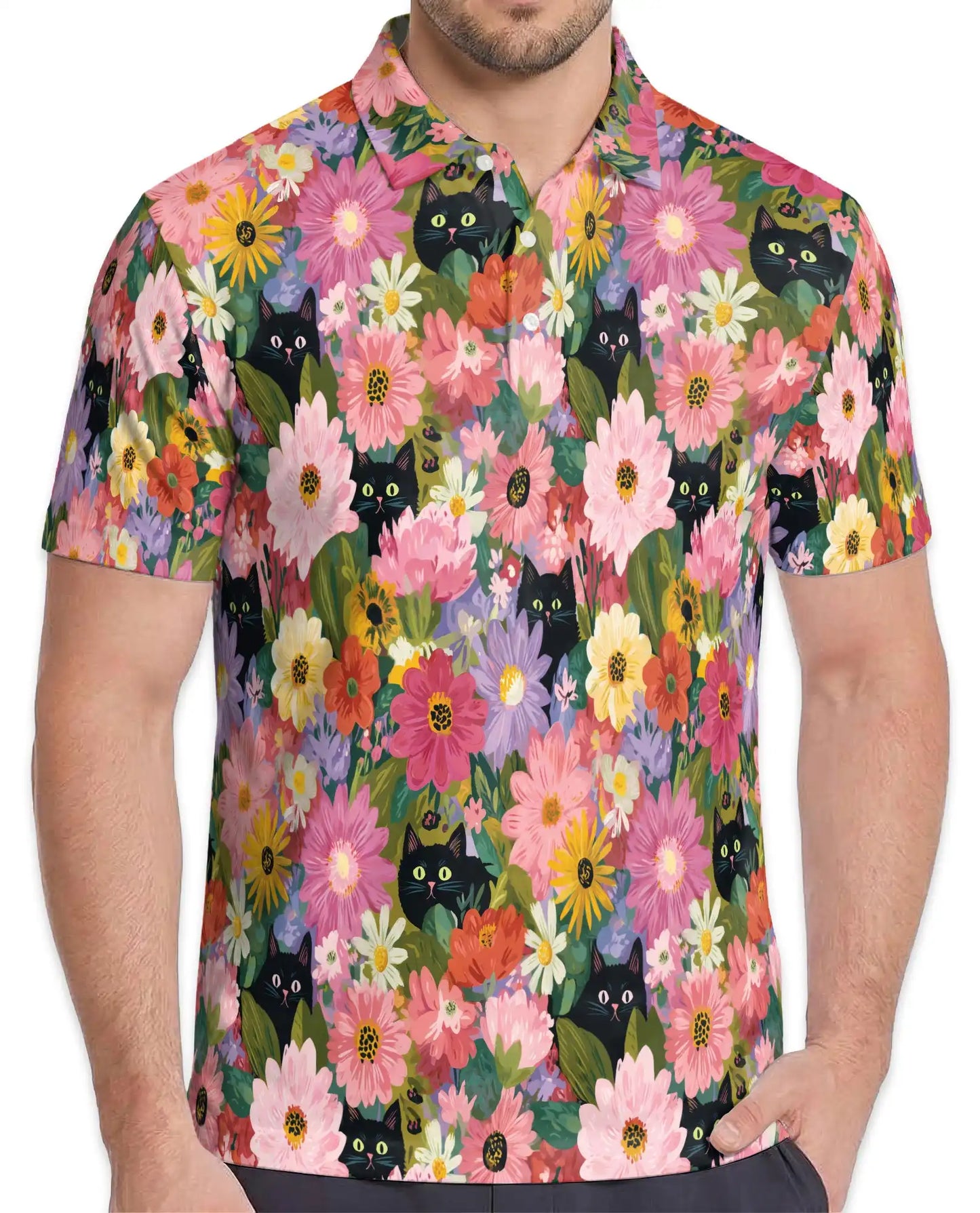 Black Cat Floral Polo Shirt - Colorful Garden Kitty Style | Azhawaiian