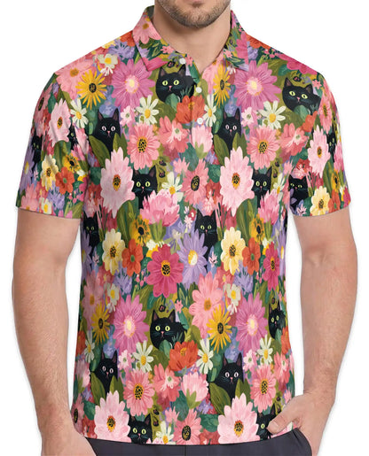 Black Cat Floral Polo Shirt - Colorful Garden Kitty Style | Azhawaiian