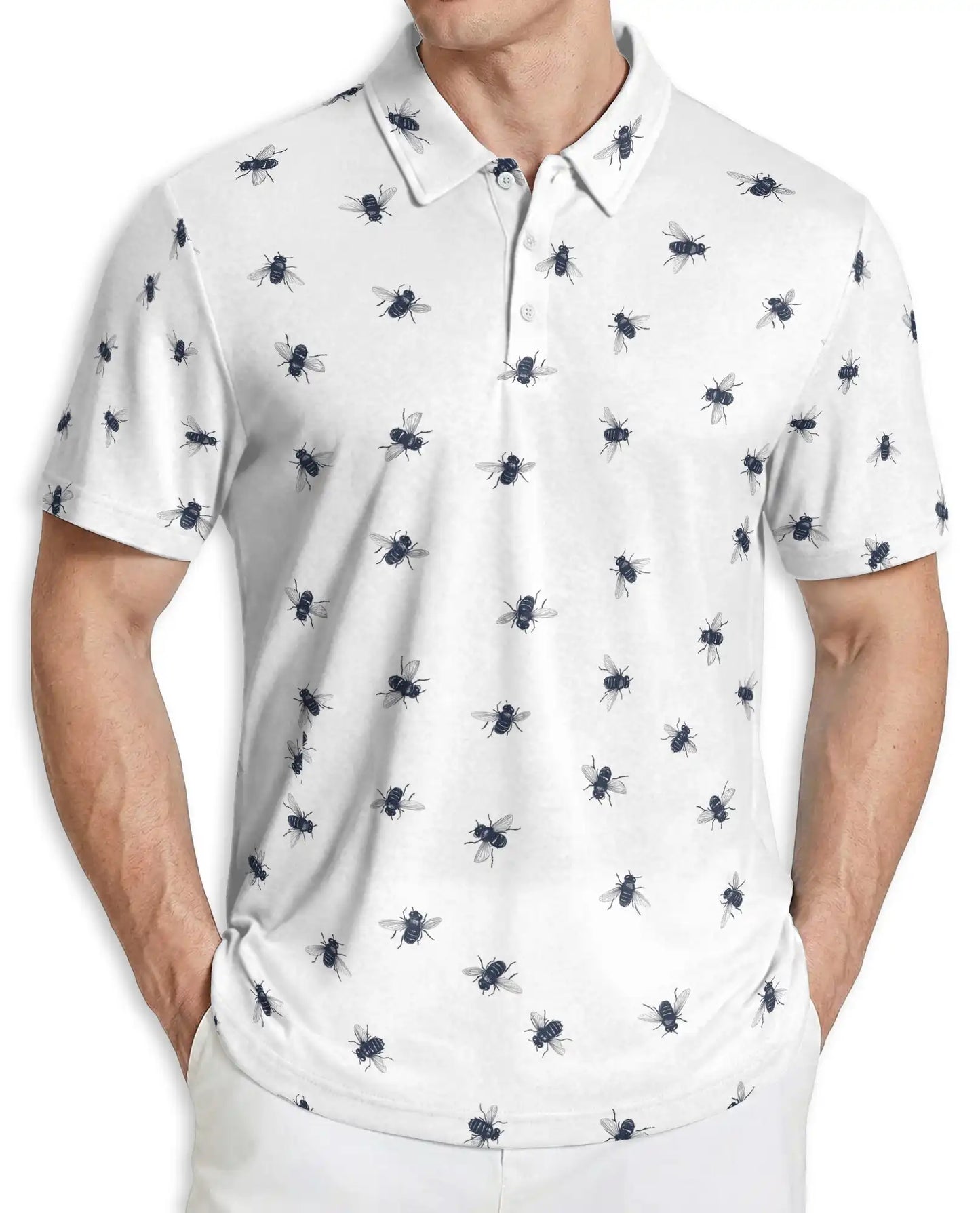 Bee Print Polo Shirt, Minimal Insect Pattern | Azhawaiian