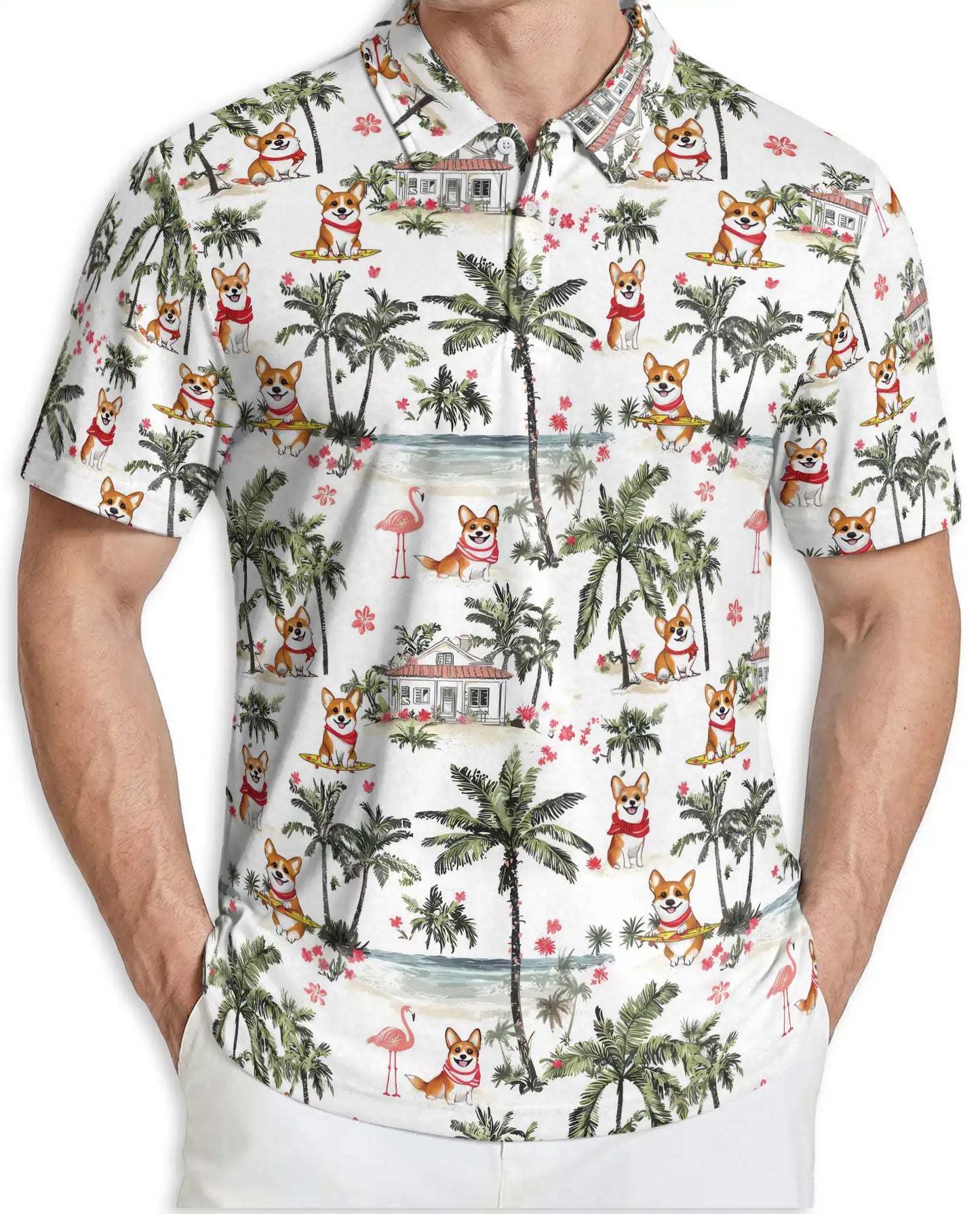 Corgi Tropical Beach Polo Shirt for Men-Summer Vacation Dog Lover Shirt | Azhawaiian