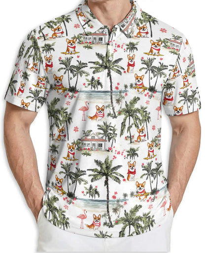 Corgi Tropical Beach Polo Shirt for Men-Summer Vacation Dog Lover Shirt | Azhawaiian