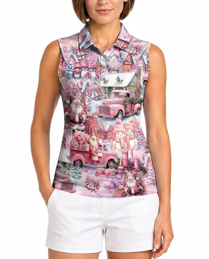 Pink Christmas Sleeveless Polo Shirt for Women | Azhawaiian