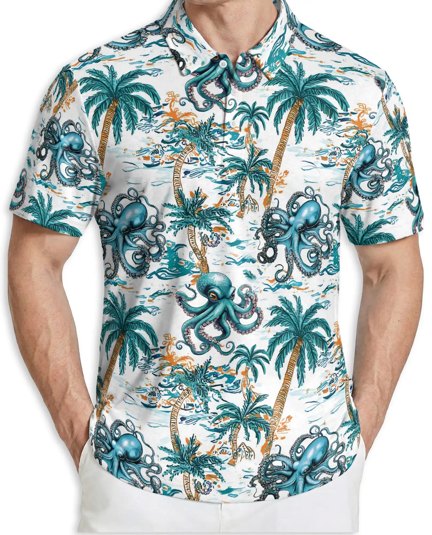 Tropical Octopus 3D Polo Shirt for Men, Ocean Palm Tree Beach Style | Azhawaiian
