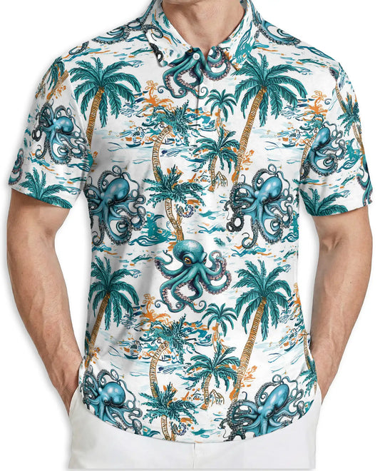 Tropical Octopus 3D Polo Shirt for Men, Ocean Palm Tree Beach Style | Azhawaiian