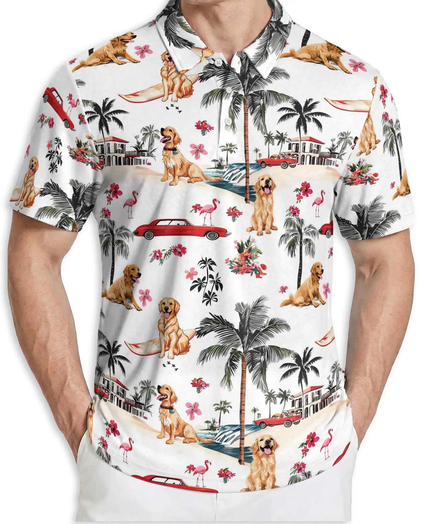 Golden Retriever Tropical 3D Polo Shirt for Men, Beach Vacation Island Style | Azhawaiian