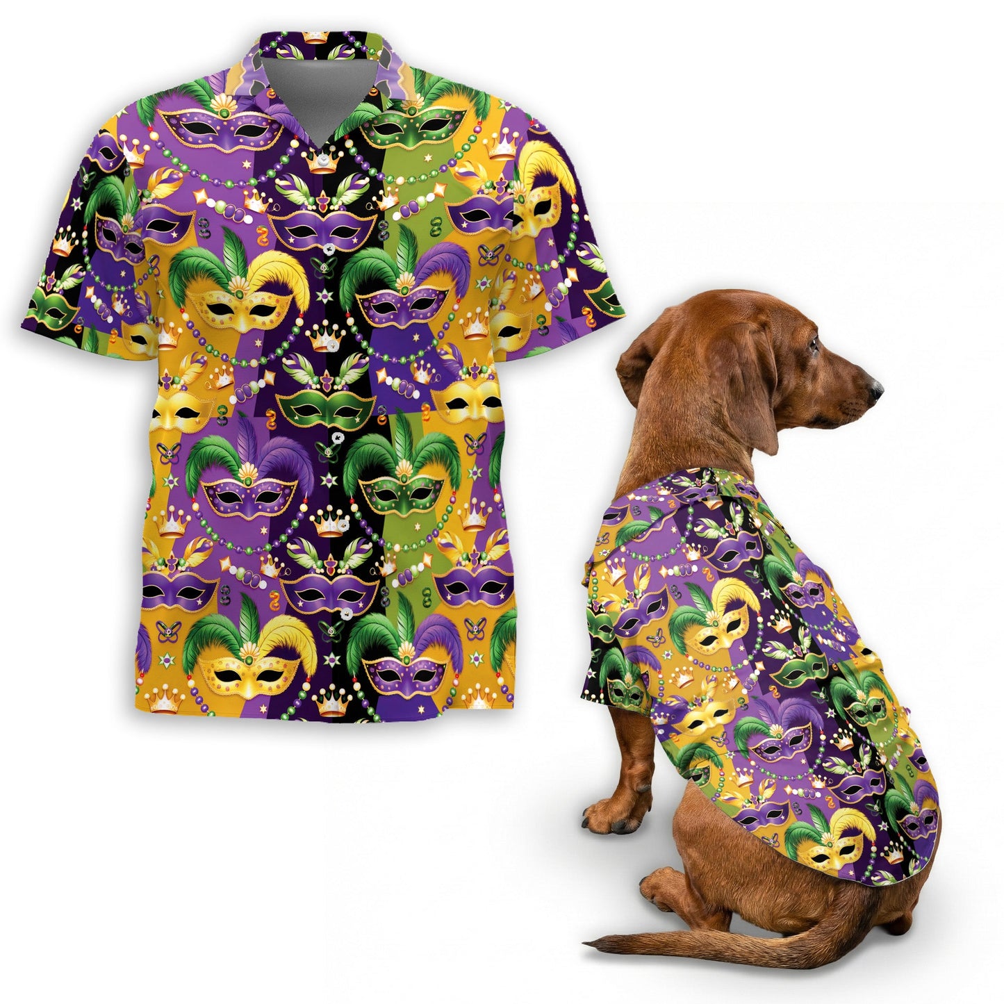 Mardi Gras Mask Matching Dog Owner Hawaiian Shirts, Funny Pet Aloha Shirt for Beach Vacation - Azhawaiian
