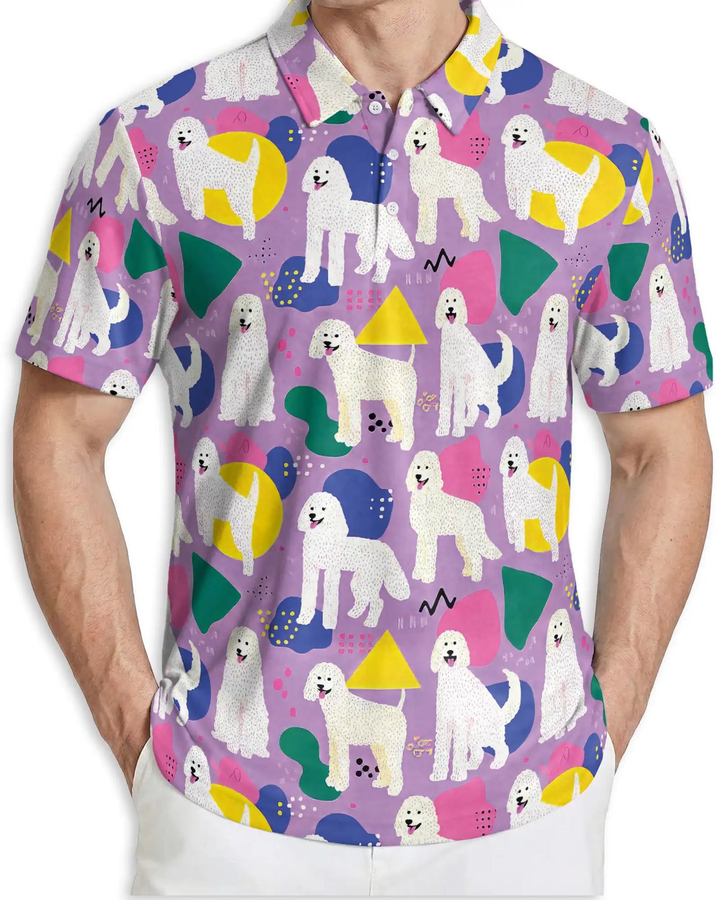 White Poodle Polo Shirt for Men-Retro Pop Art Dog Lover Pattern Shirt | Azhawaiian