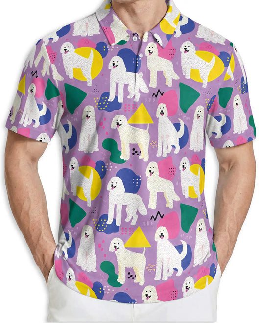 White Poodle Polo Shirt for Men-Retro Pop Art Dog Lover Pattern Shirt | Azhawaiian