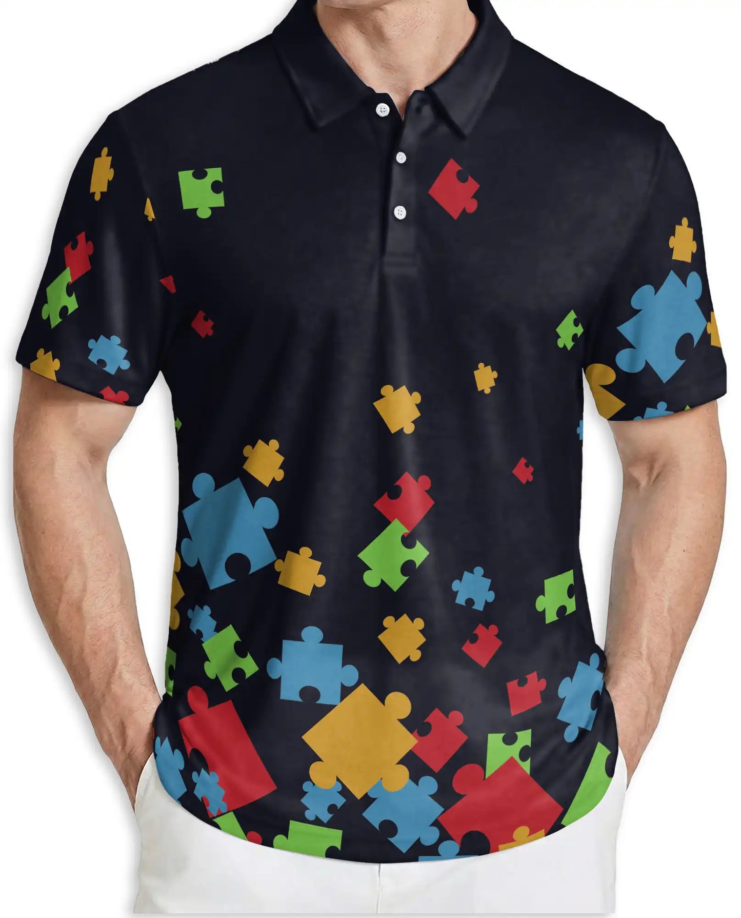 Puzzle Piece Polo Shirt, Colorful Abstract Print | Azhawaiian