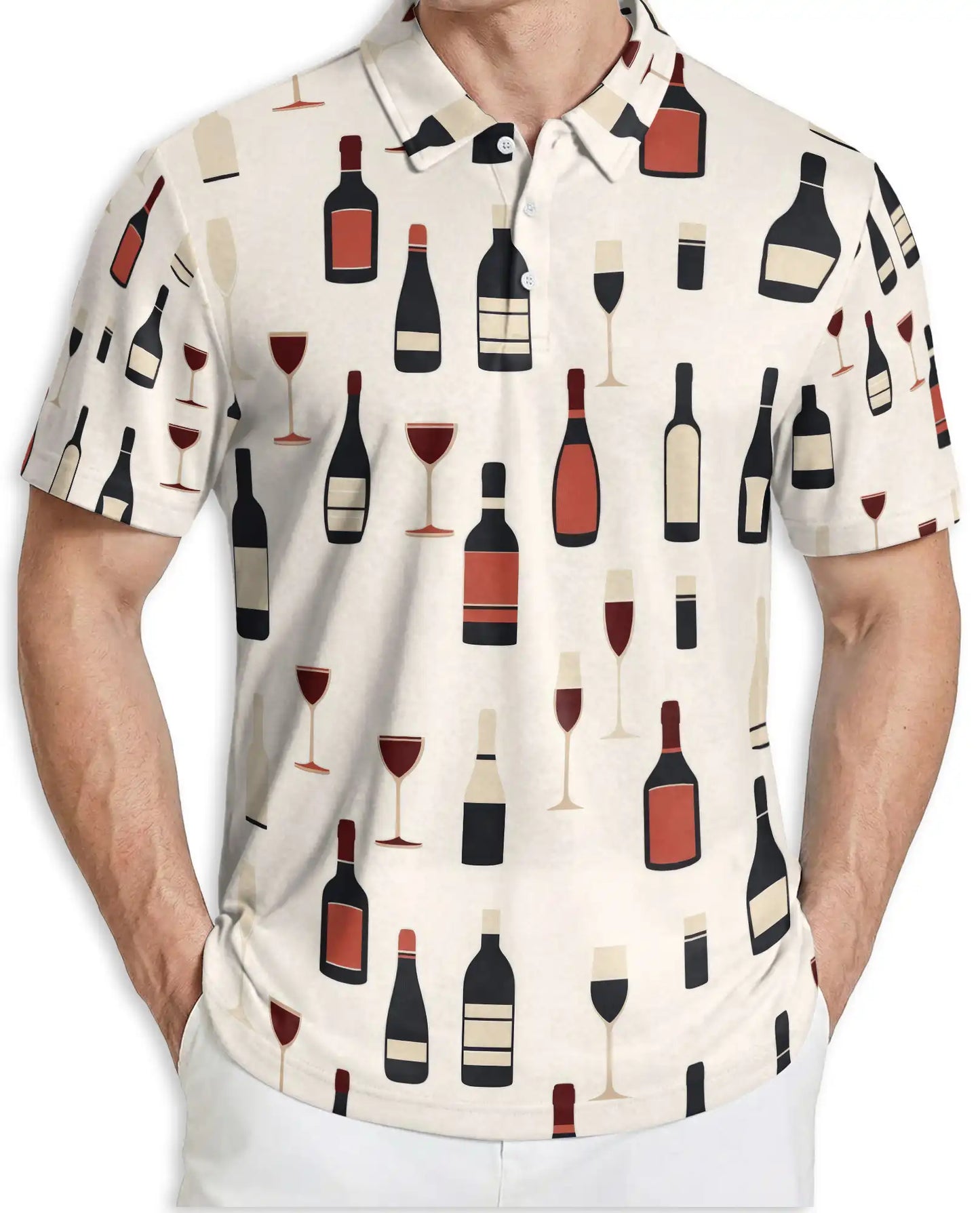 Wine Bottle Pattern 3D Polo Shirt for Men, Minimalist Vineyard Style | Azhawaiian