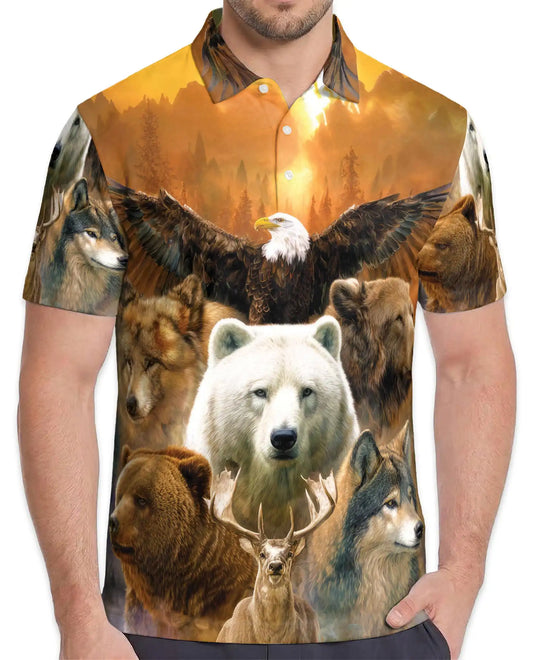 Wild Animal Forest Polo Shirt for Men, Majestic Wildlife Print | Azhawaiian