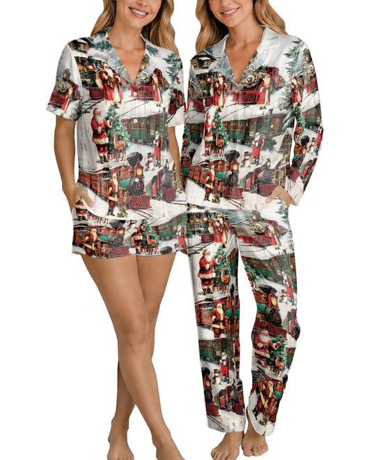 Vintage Christmas Railway Pajama Set for Women – Santa Train Print
