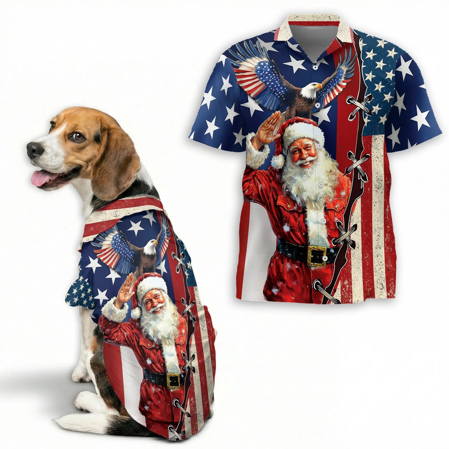 Patriotic American Christmas Santa Print Matching Dog Owner Hawaiian Shirts, Funny Pet Aloha Shirt for Beach Vacation - Azhawaiian