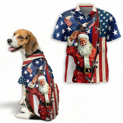 Patriotic American Christmas Santa Print Matching Dog Owner Hawaiian Shirts, Funny Pet Aloha Shirt for Beach Vacation - Azhawaiian