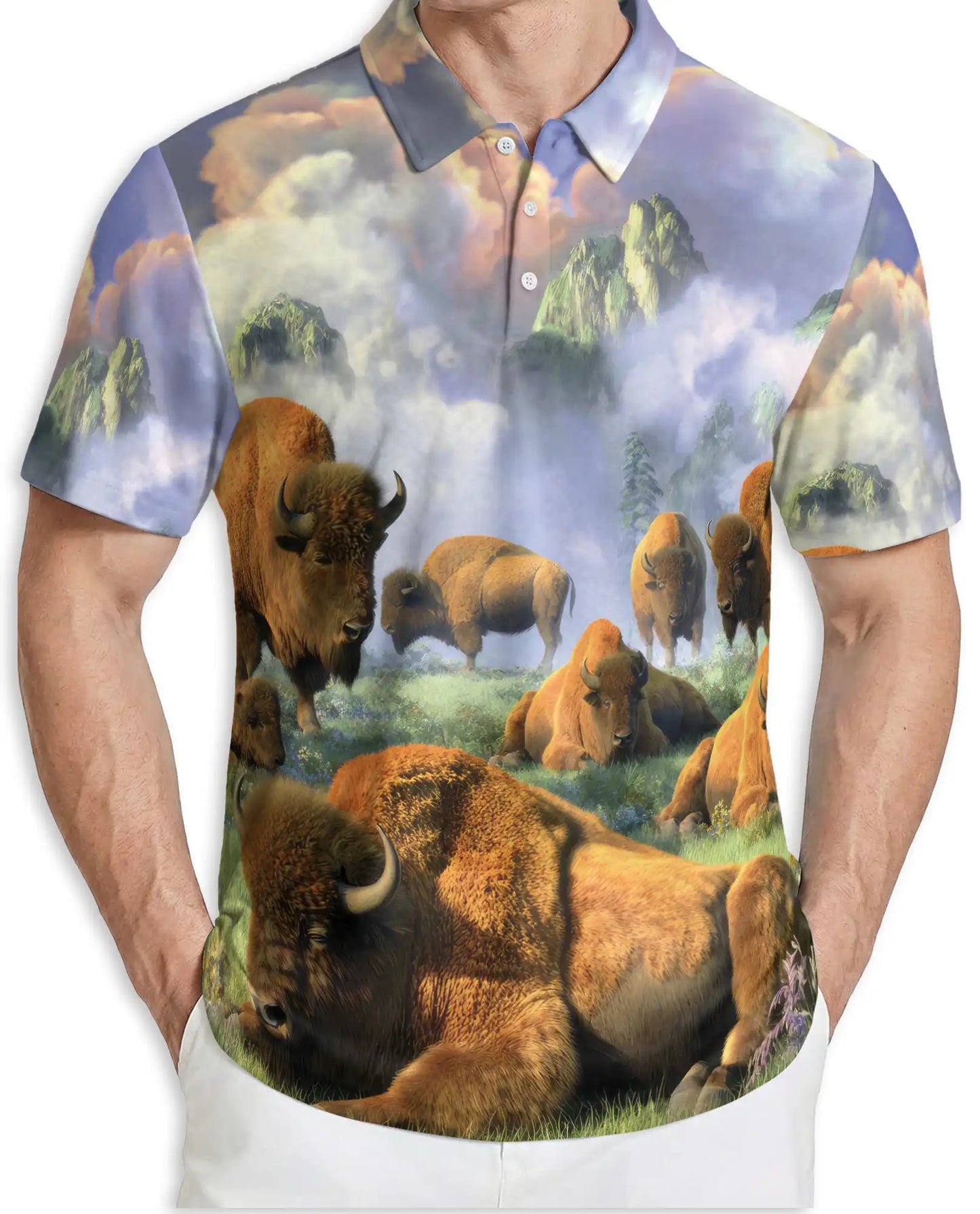 Mystical Bison Polo Shirt for Men, Majestic Wildlife Landscape | Azhawaiian