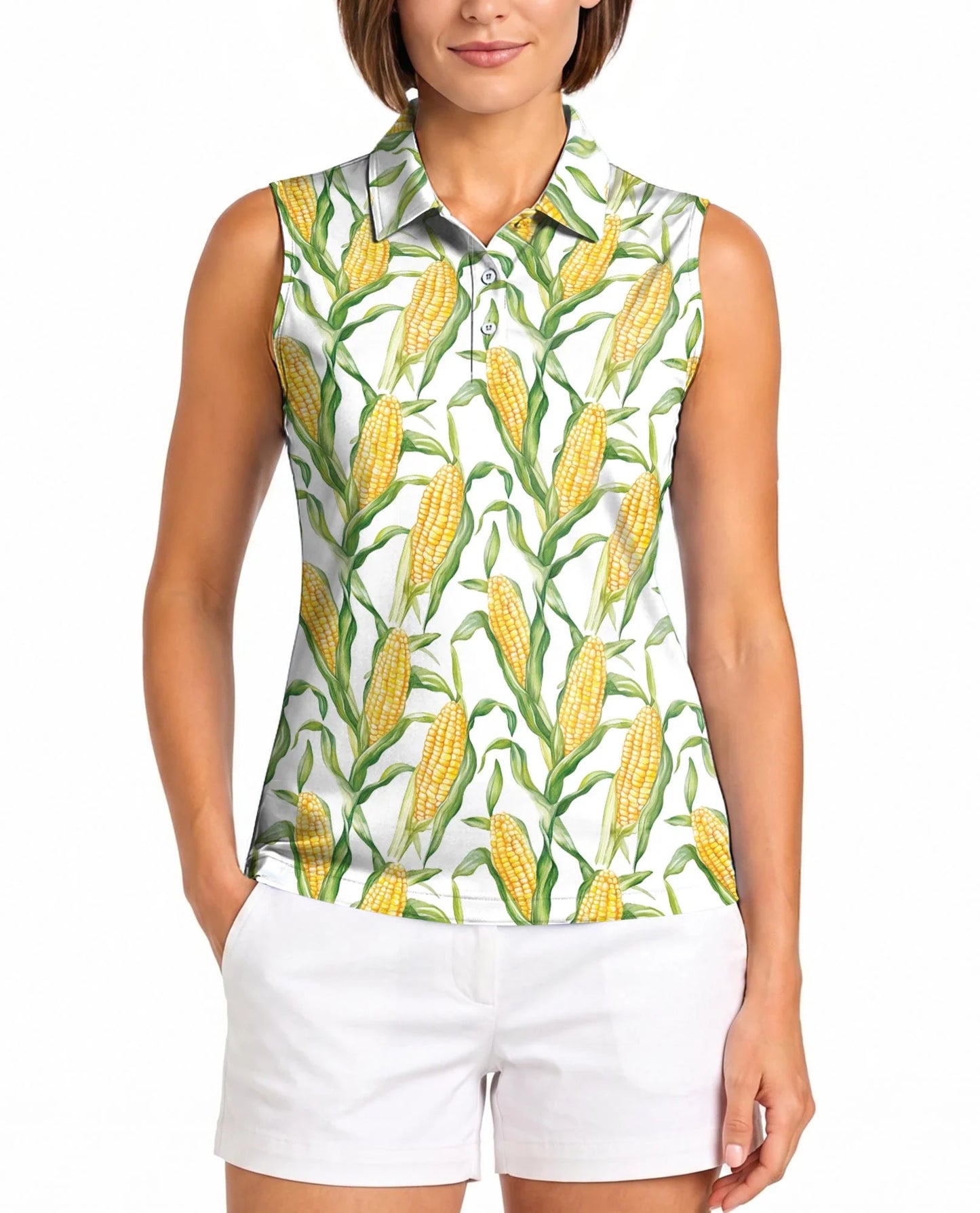 Fresh Corn Cob Pattern Sleeveless Polo Shirt for Women | Azhawaiian