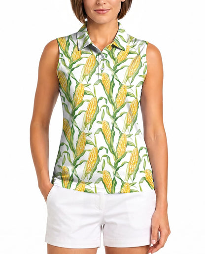 Fresh Corn Cob Pattern Sleeveless Polo Shirt for Women | Azhawaiian