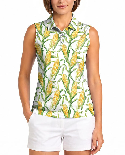 Fresh Corn Cob Pattern Sleeveless Polo Shirt for Women | Azhawaiian