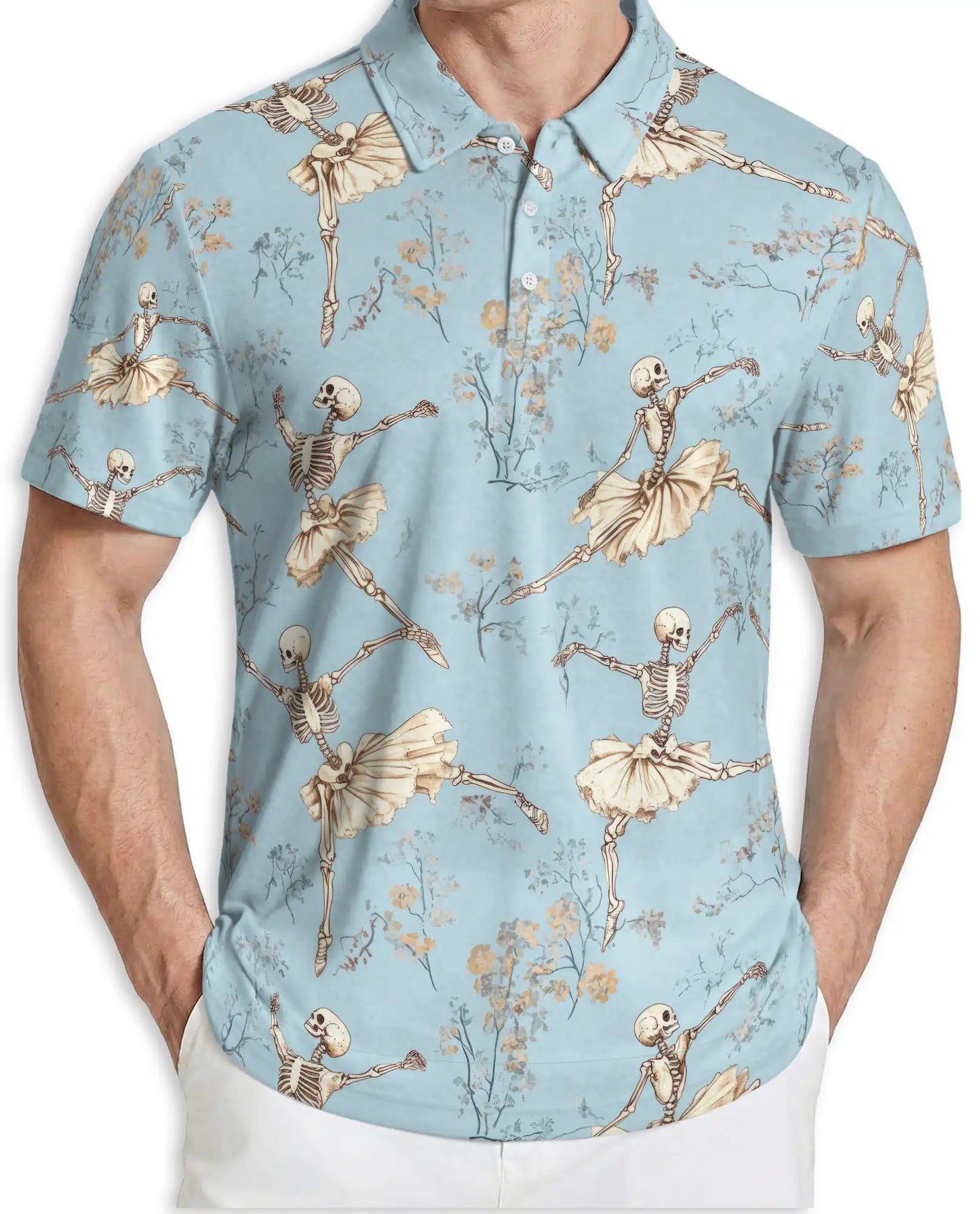 Skeleton Ballet 3D Polo Shirt for Men, Gothic Dancer Vintage Style | Azhawaiian