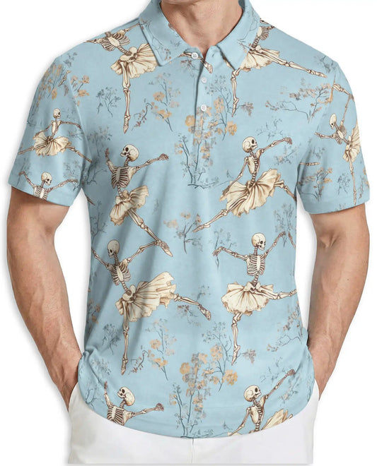 Skeleton Ballet 3D Polo Shirt for Men, Gothic Dancer Vintage Style | Azhawaiian