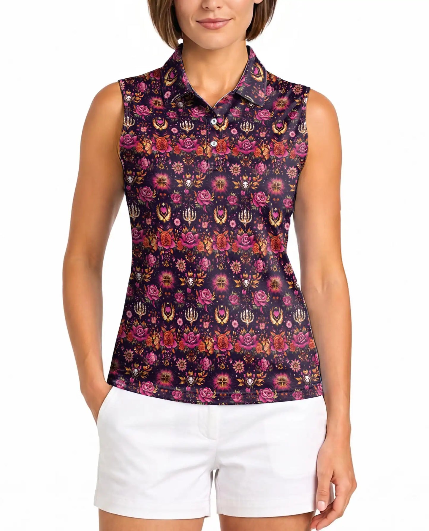 Traditional Pattern Sleeveless Polo Shirt for Women, Classic Cultural Style | Azhawaiian