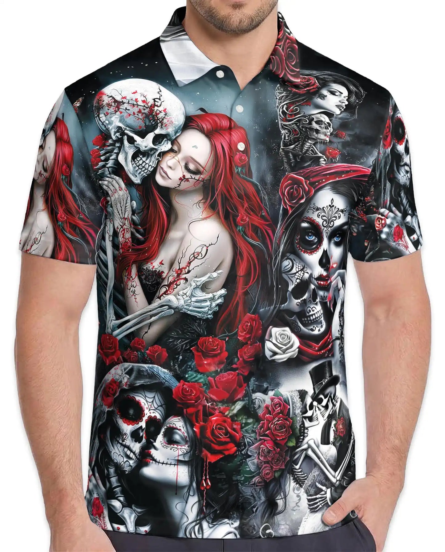 Day of the Dead Sugar Skull Polo Shirt for Men, Gothic Skeleton Roses | Azhawaiian