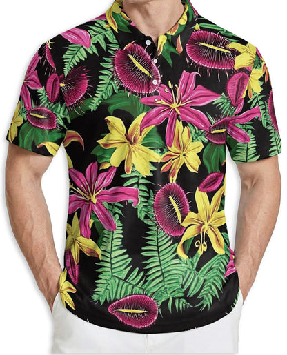 Tropical Floral 3D Polo Shirt for Men, Exotic Jungle Flower Style | Azhawaiian