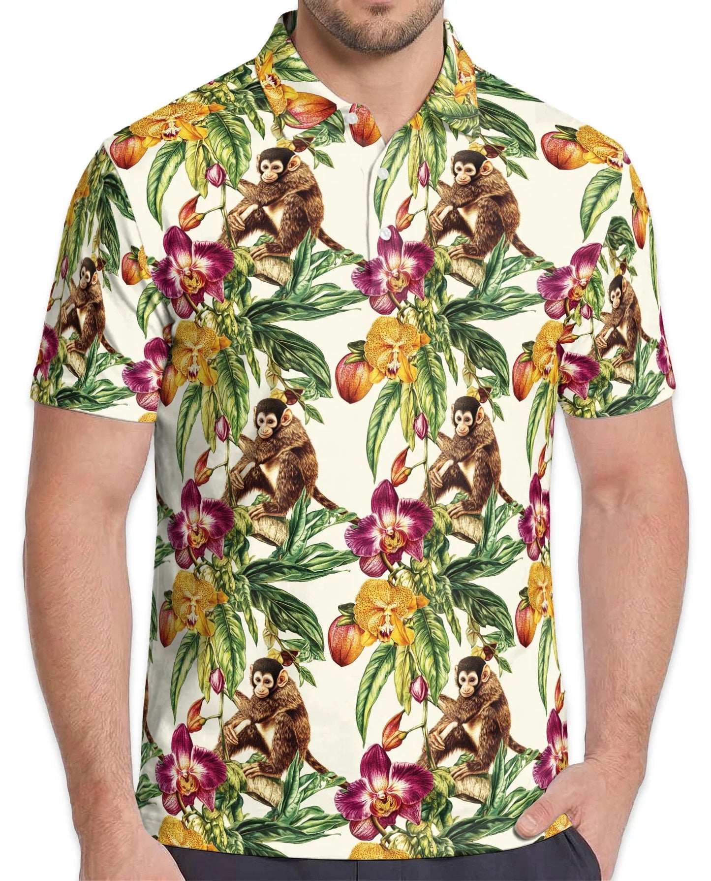 Tropical Monkey Polo Shirt for Men, Jungle Animal Summer Style | Azhawaiian