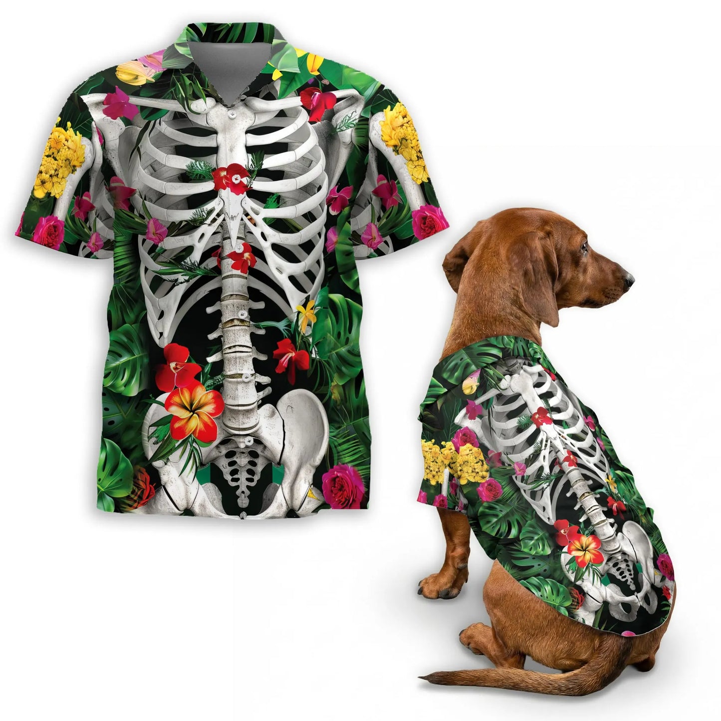 Skeleton Spooky Floral Tropical Beach Matching Dog Owner Hawaiian Shirts, Funny Pet Aloha Shirt for Beach Vacation - Azhawaiian