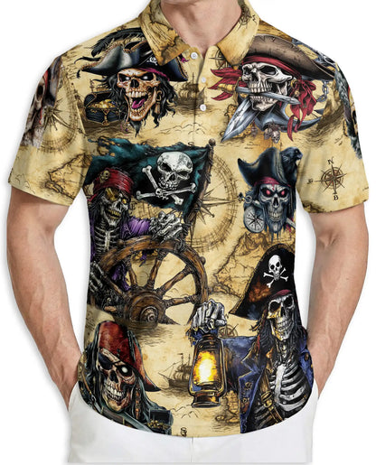 Vintage Pirate Skeleton Polo Shirt-Skull Captain Treasure Map Design | Azhawaiian