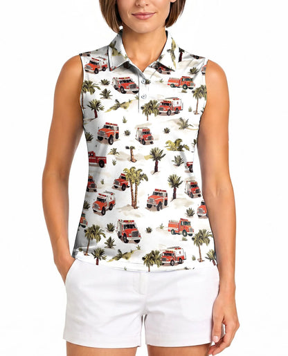 Fire Truck Firefighter Sleeveless Polo Shirt for Women | Azhawaiian