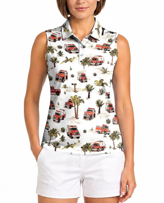 Fire Truck Firefighter Sleeveless Polo Shirt for Women | Azhawaiian