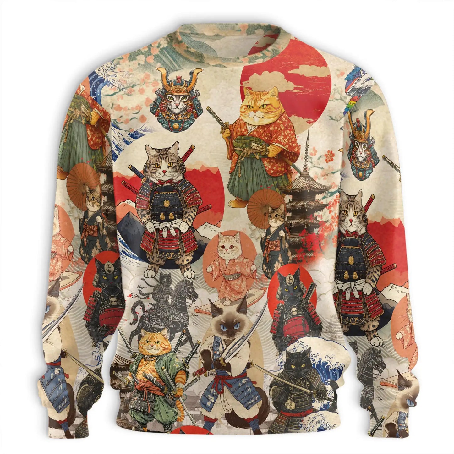 Japanese Samurai Cat Sweatshirt – Colorful Graphic 3D All Over Print Design
