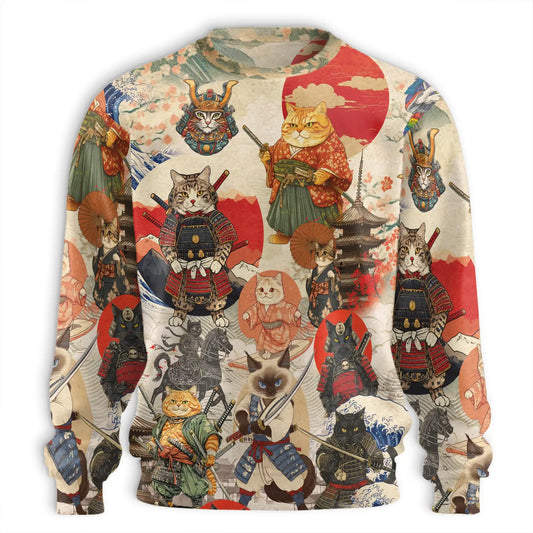 Japanese Samurai Cat Sweatshirt – Colorful Graphic 3D All Over Print Design