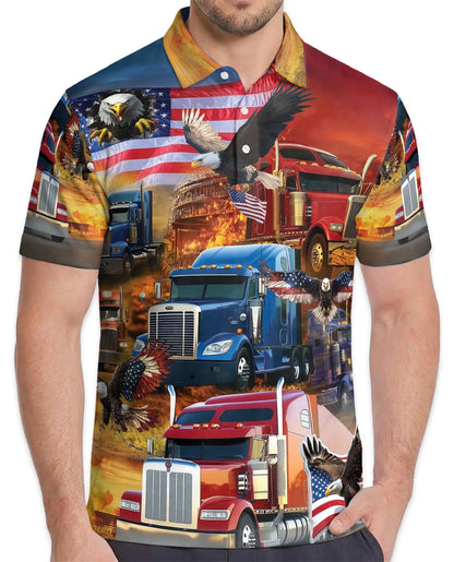 Patriotic Trucker Polo Shirt - American Flag Eagle Semi Truck Design | Azhawaiian