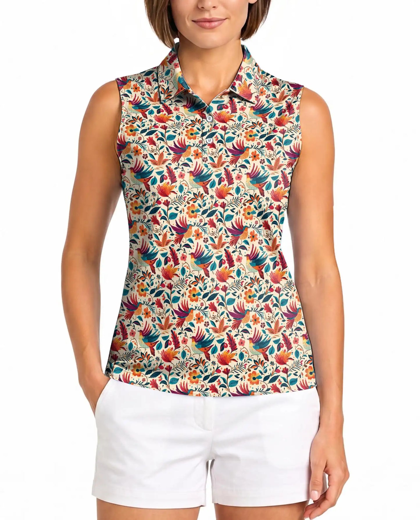 Vintage Chintz Bird Floral Sleeveless Polo Shirt for Women