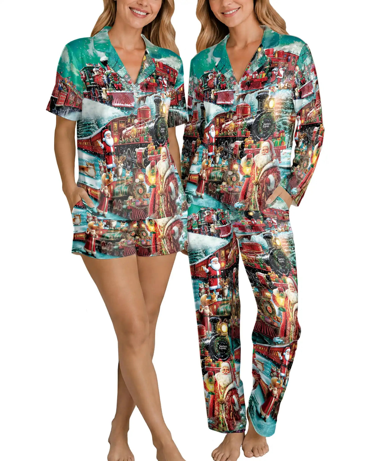 Vintage Santa Christmas Train Pajama Set for Women – Festive Steam Train Print